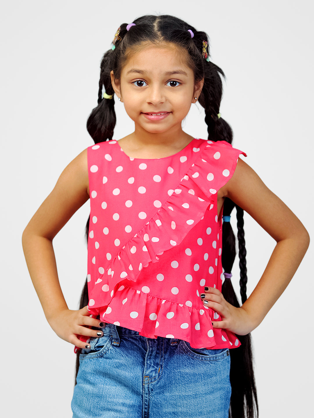 Girls Pink Polka Dotted Georgette Top