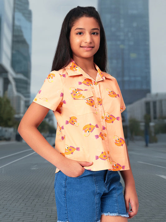 Girls Shirt Style Short Sleeves Printed Cotton Top