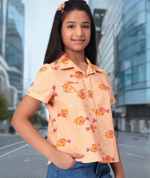 Girls Shirt Style Short Sleeves Printed Cotton Top