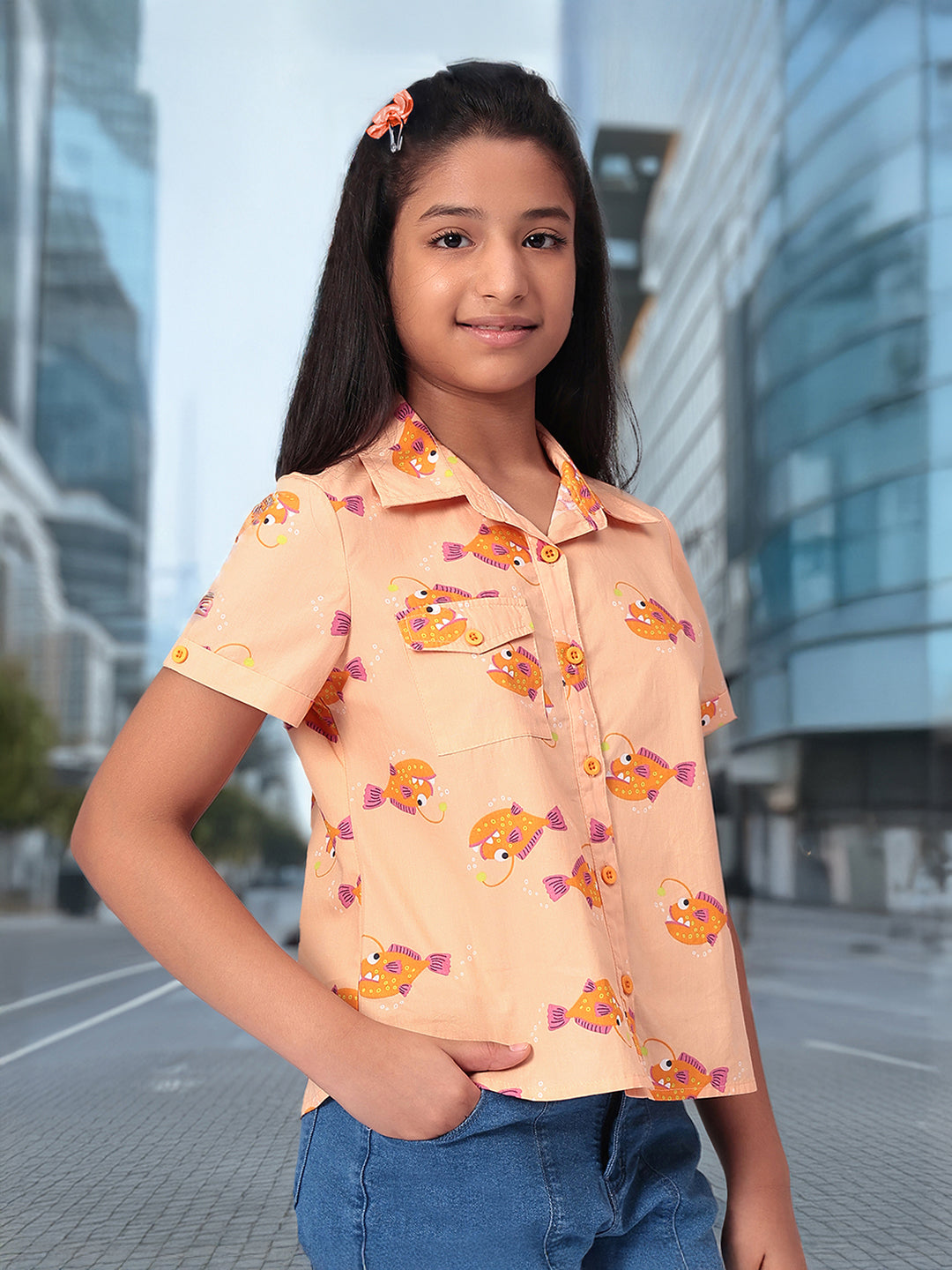 Girls Shirt Style Short Sleeves Printed Cotton Top