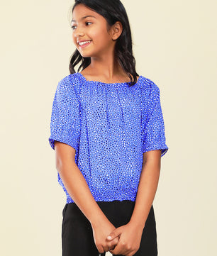 Girls Blue Printed Rayon Top