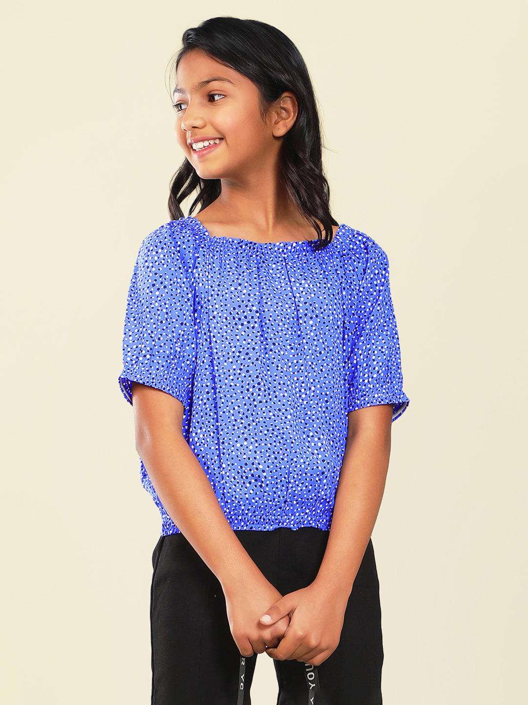 Girls Blue Printed Rayon Top