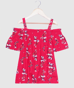Girls Cold Shoulder Top in Red Printed Rayon