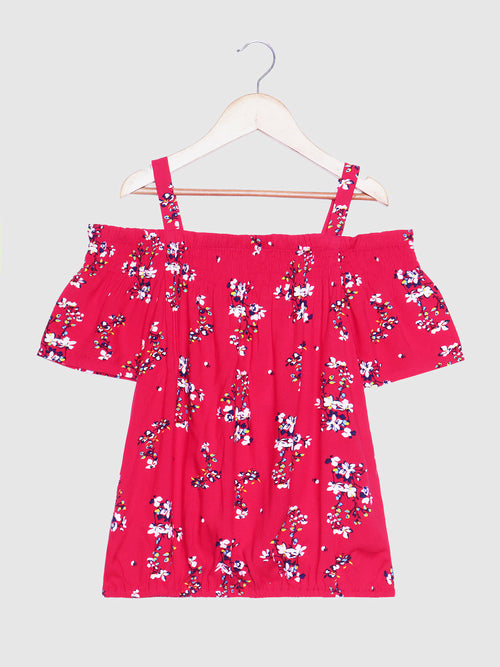 Girls Cold Shoulder Top in Red Printed Rayon