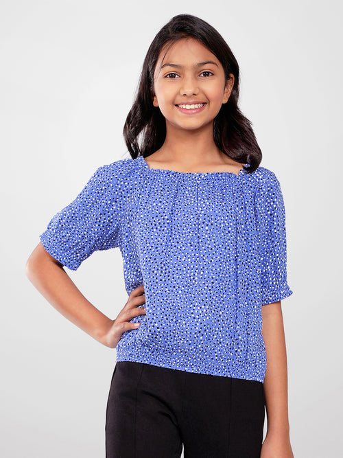 Girls Blue Printed Rayon Top
