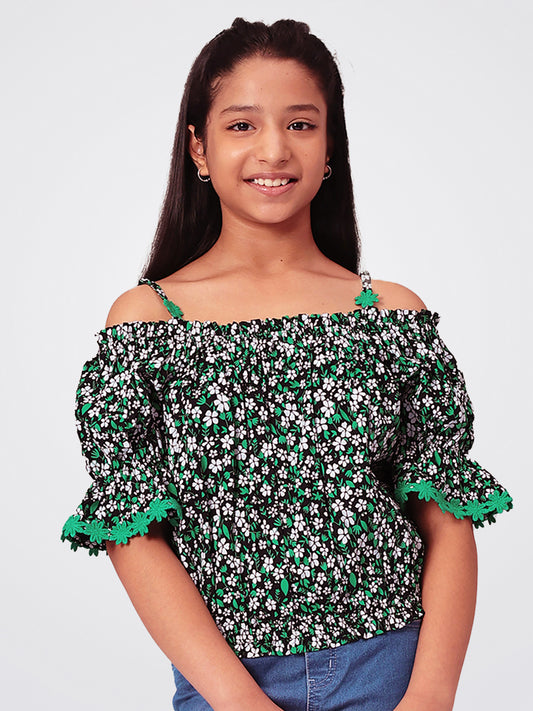 Girls Bardot Top in Green and Black Printed Rayon