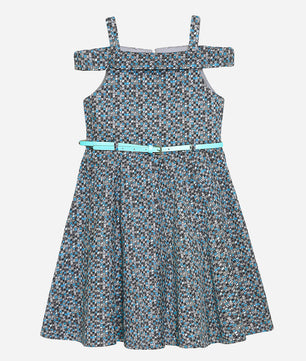 Girls Cold Shoulder Printed Cotton Satin Dress