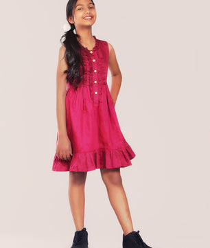 Girls Cotton Satin Dress in Wine Color