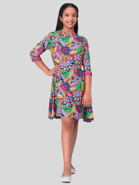 Girls Multicolored Printed Rayon Dress