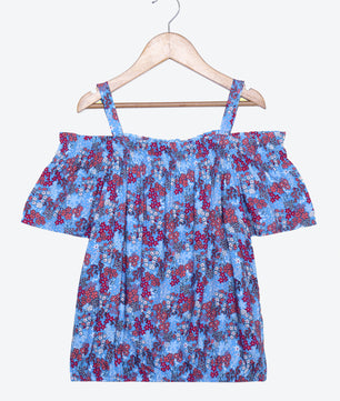 Girls Cold Shoulcer Top in Blue Printed Rayon