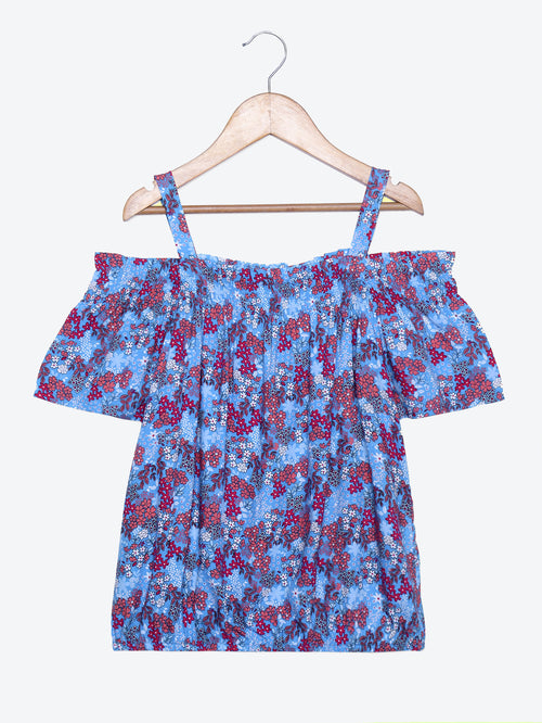 Girls Cold Shoulcer Top in Blue Printed Rayon