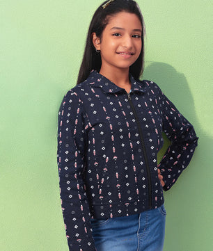 Girls Navy Blue Printed Flannel Jacket