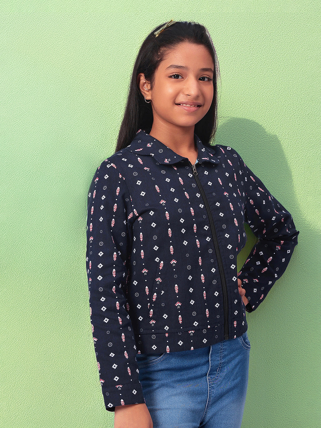 Girls Navy Blue Printed Flannel Jacket