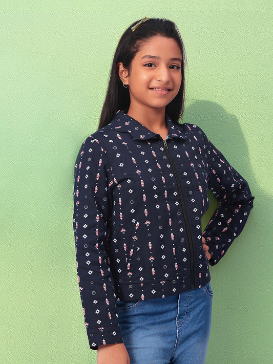 Girls Navy Blue Printed Flannel Jacket