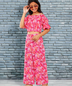 Girls Multicolored Printed Cotton Top and Palazzo Set