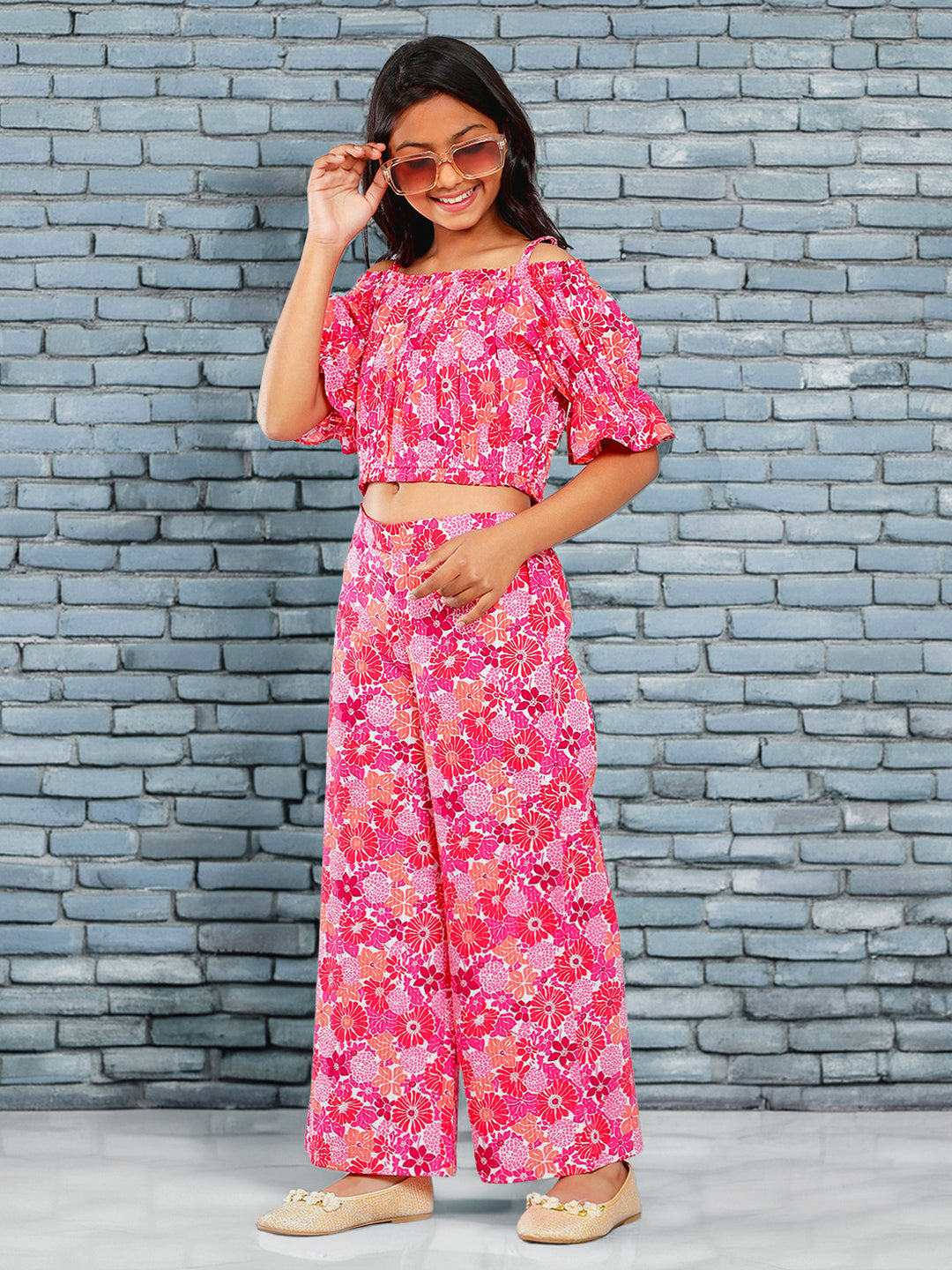 Girls Multicolored Printed Cotton Top and Palazzo Set