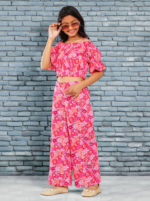 Girls Multicolored Printed Cotton Top and Palazzo Set