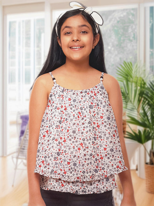 Girls White Printed Georgette Top