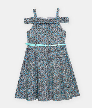Girls Cold Shoulder Printed Cotton Satin Dress