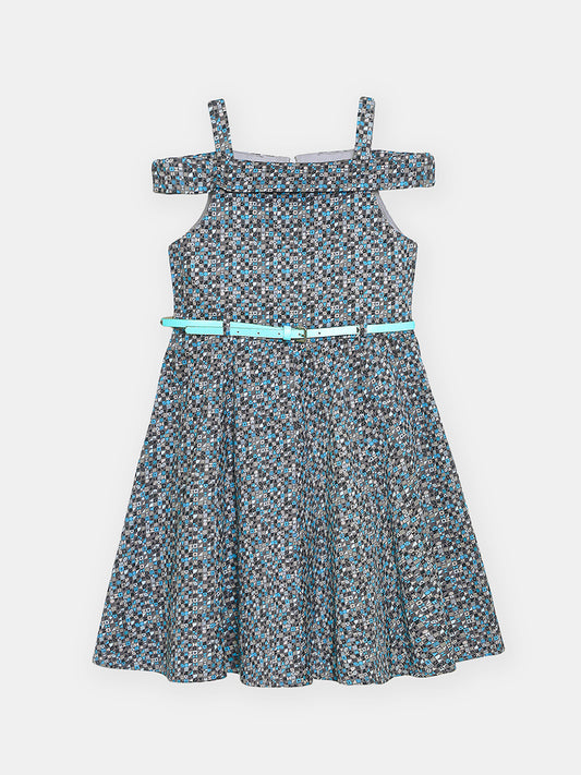 Girls Cold Shoulder Printed Cotton Satin Dress