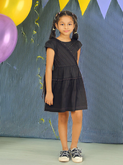 Girls Black Cotton Satin Dress