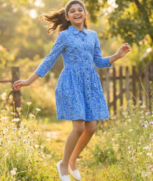 Girls Shirt Style Long Sleeves Dress in Cotton Twill