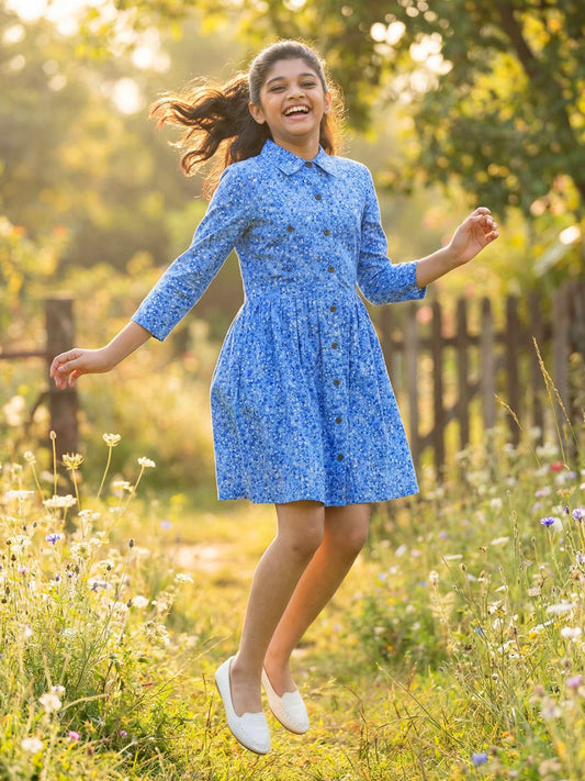 Girls Shirt Style Long Sleeves Dress in Cotton Twill