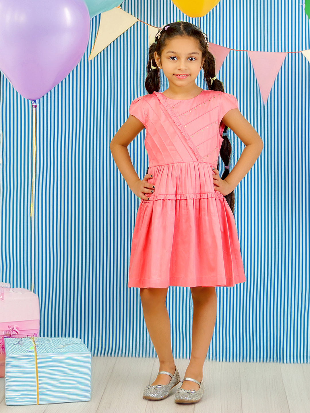 Girls Pink Cotton Satin Dress