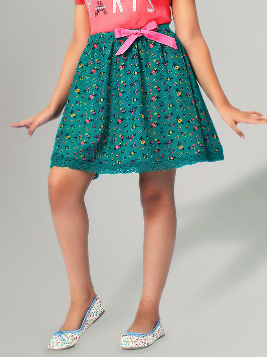 Girls Green Printed Flared Skirt