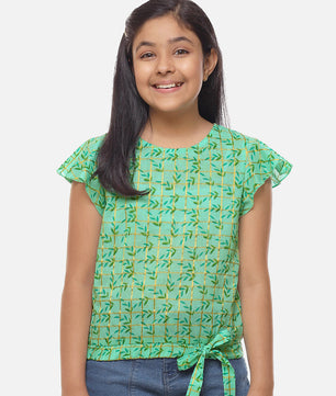 Girls Sea Green Printed Cotton