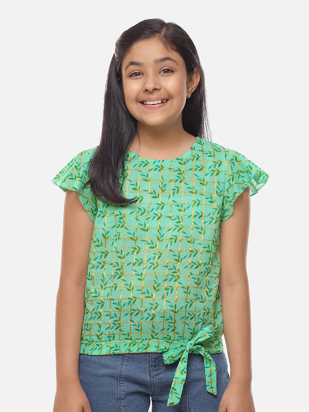 Girls Sea Green Printed Cotton
