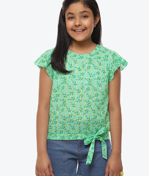 Girls Sea Green Printed Cotton