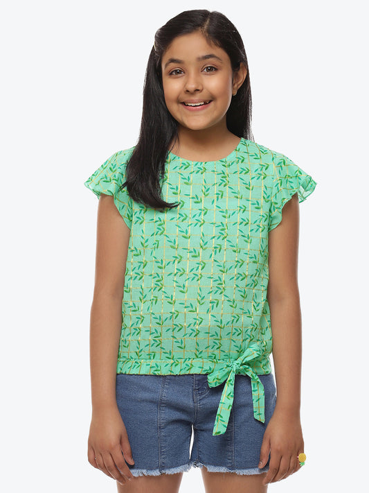Girls Sea Green Printed Cotton