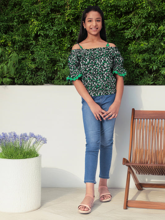 Girls Bardot Top in Green and Black Printed Rayon