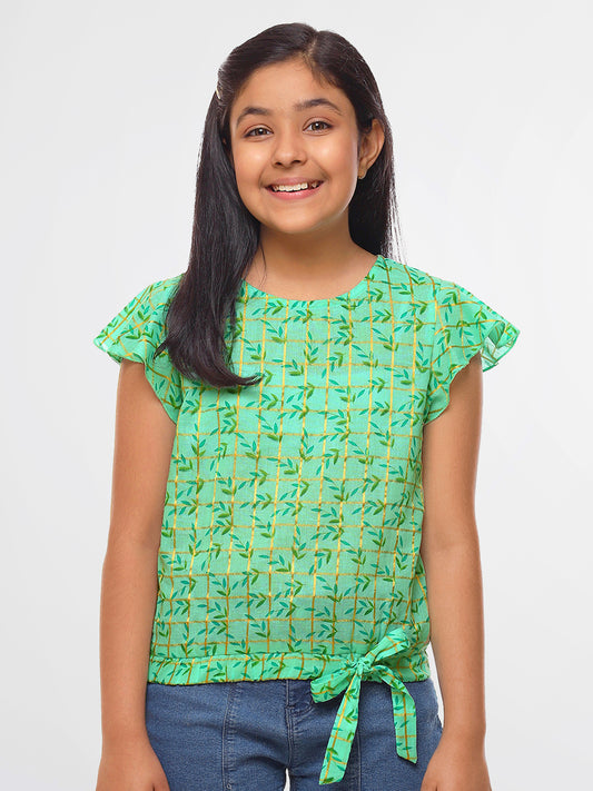 Girls Sea Green Printed Cotton