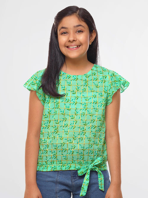 Girls Sea Green Printed Cotton
