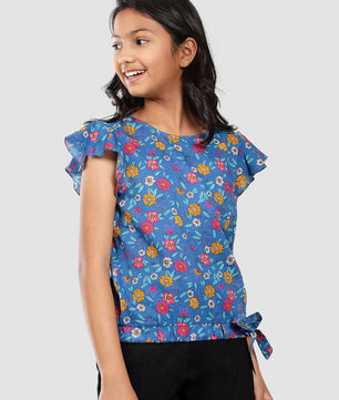 Girls Blue Printed Cotton Top