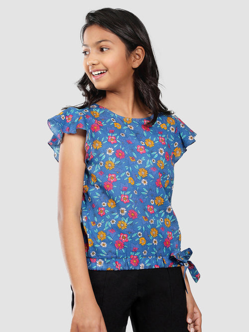 Girls Blue Printed Cotton Top