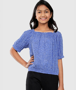 Girls Blue Printed Rayon Top