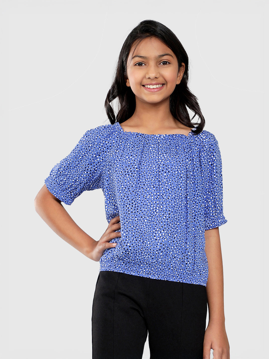 Girls Blue Printed Rayon Top