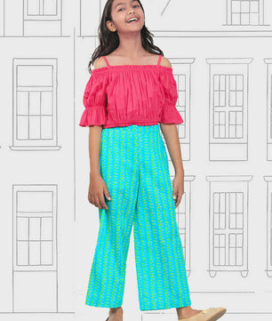 Girls Pink and Green Cotton Top & Palazzo Set