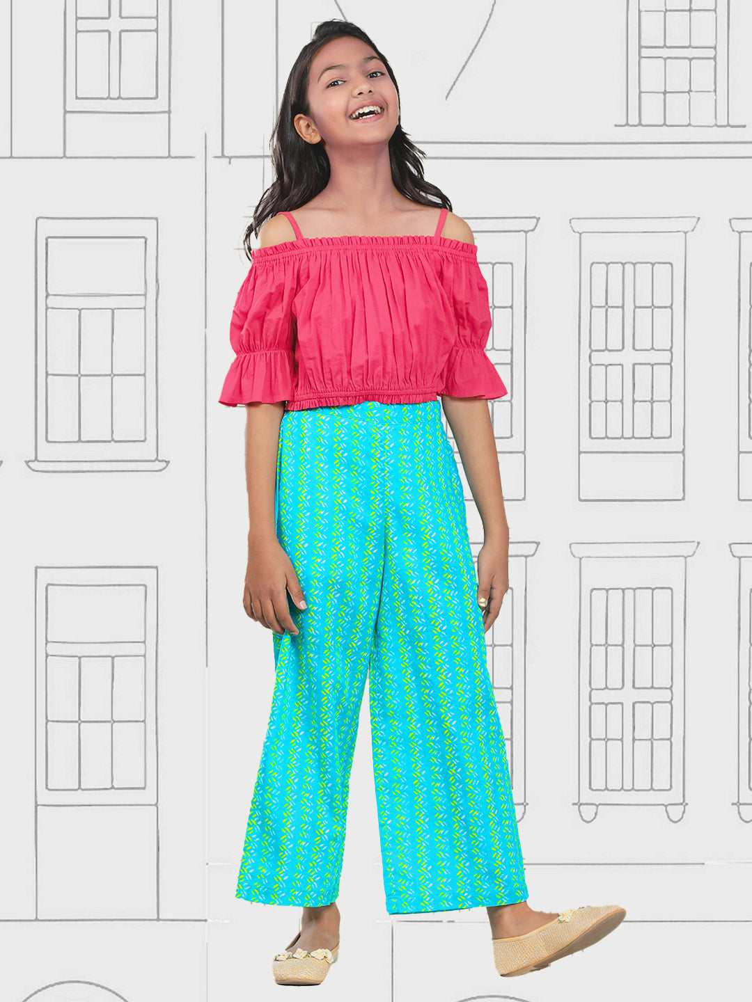 Girls Pink and Green Cotton Top & Palazzo Set