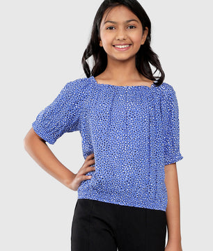 Girls Blue Printed Rayon Top