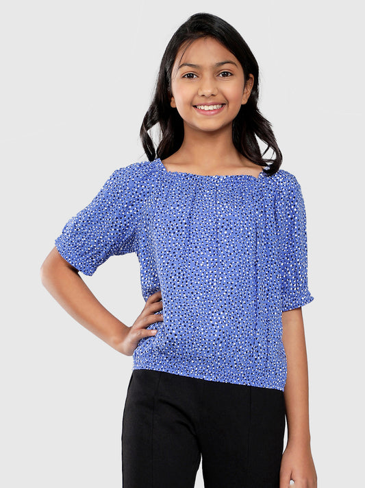 Girls Blue Printed Rayon Top
