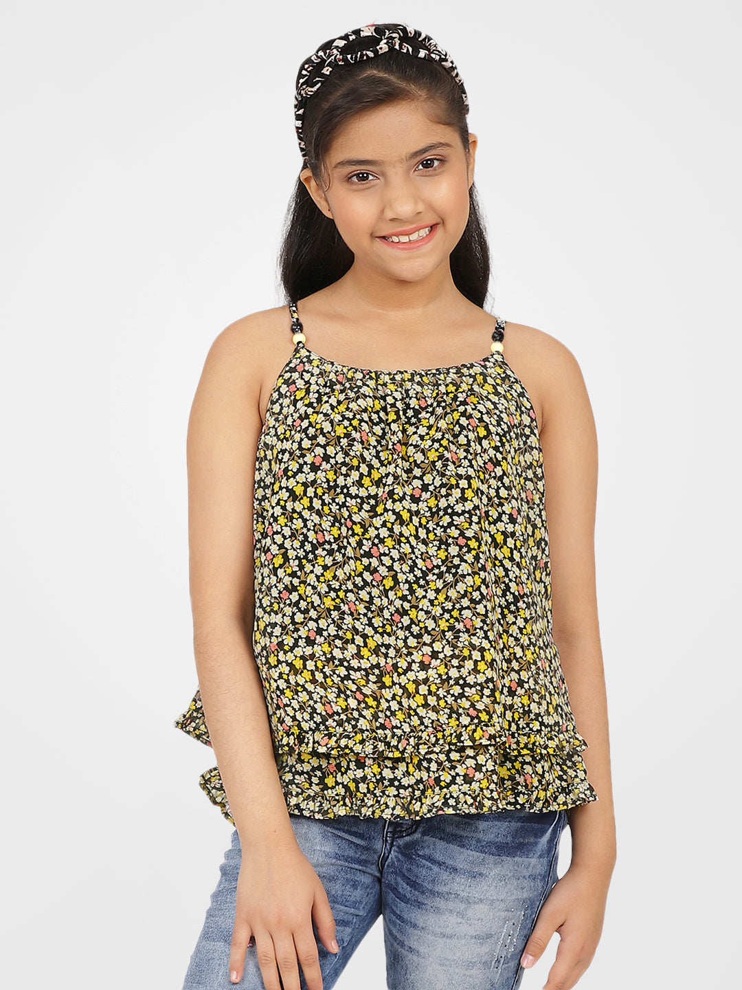 Girls Black Printed Georgette Top