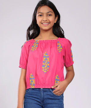 Girls Pink Printed Cotton Top
