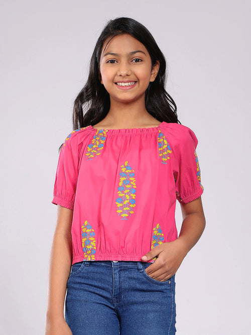 Girls Pink Printed Cotton Top