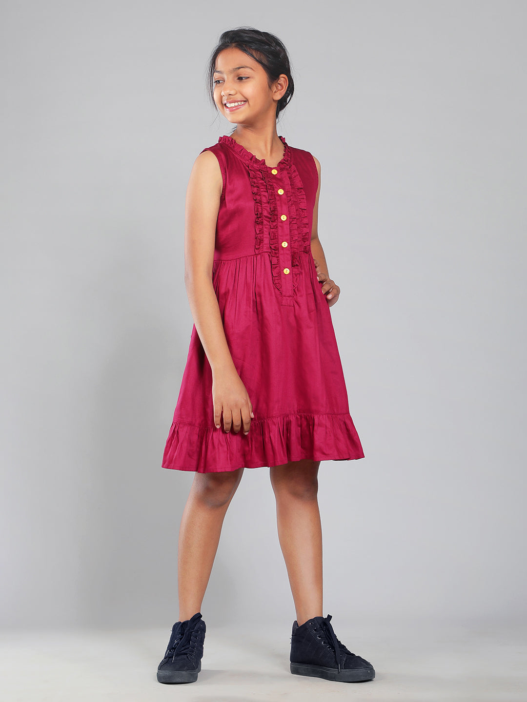 Girls Cotton Satin Dress in Wine Color