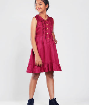 Girls Cotton Satin Dress in Wine Color