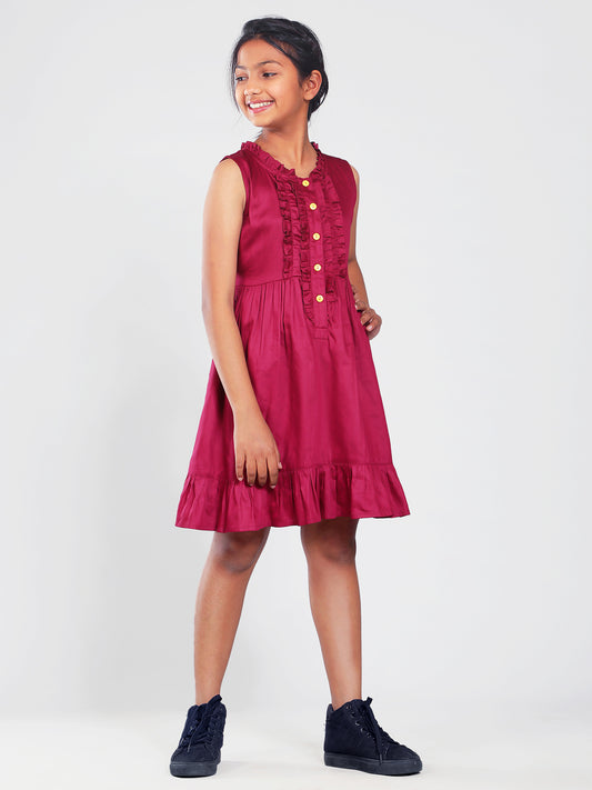 Girls Cotton Satin Dress in Wine Color